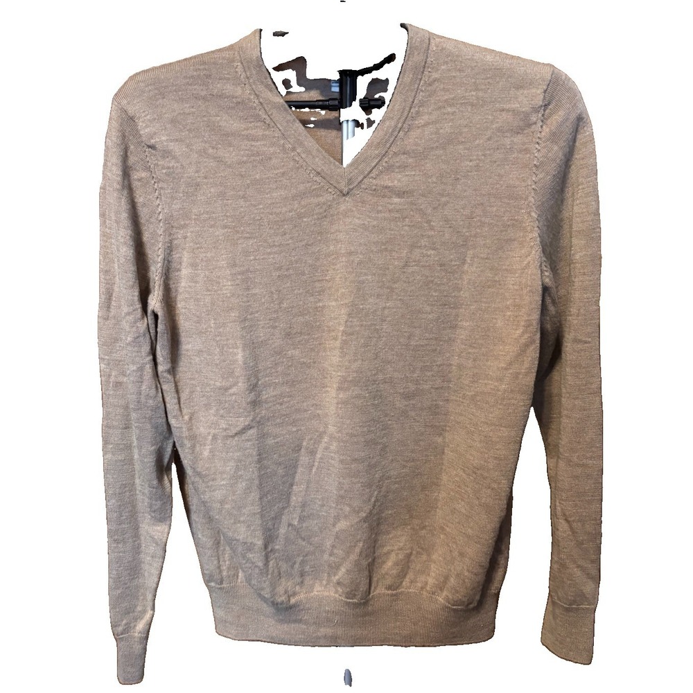 Joseph Abboud Modern Fit Mens L Beige Merino Wool V Neck Sweater Brown Tan